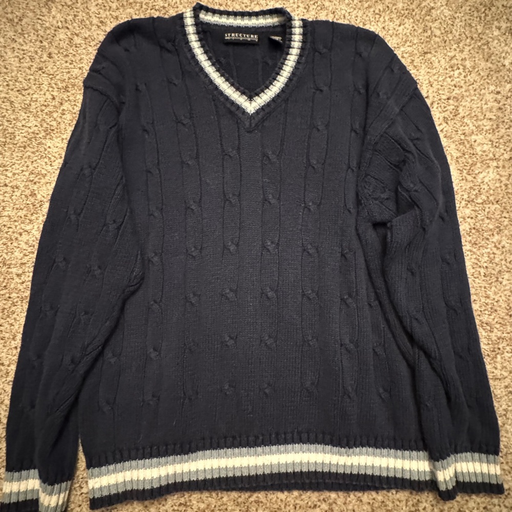 Structure Dark Blue V-Neck Sweater with White Accents